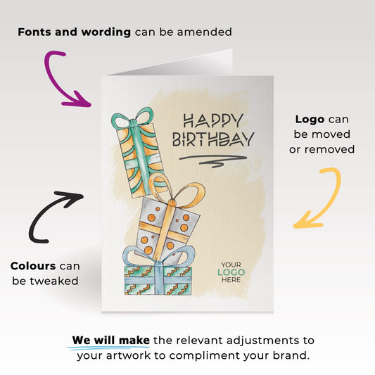 ‘Pile of Presents’ Personalised Corporate Branded Birthday Greeting Cards image 1