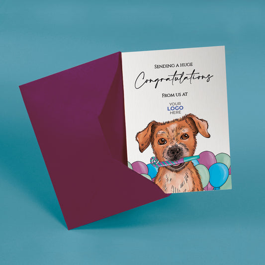 ‘Dog with Party Whistle & Balloons' Business Congratulations Cards image 1