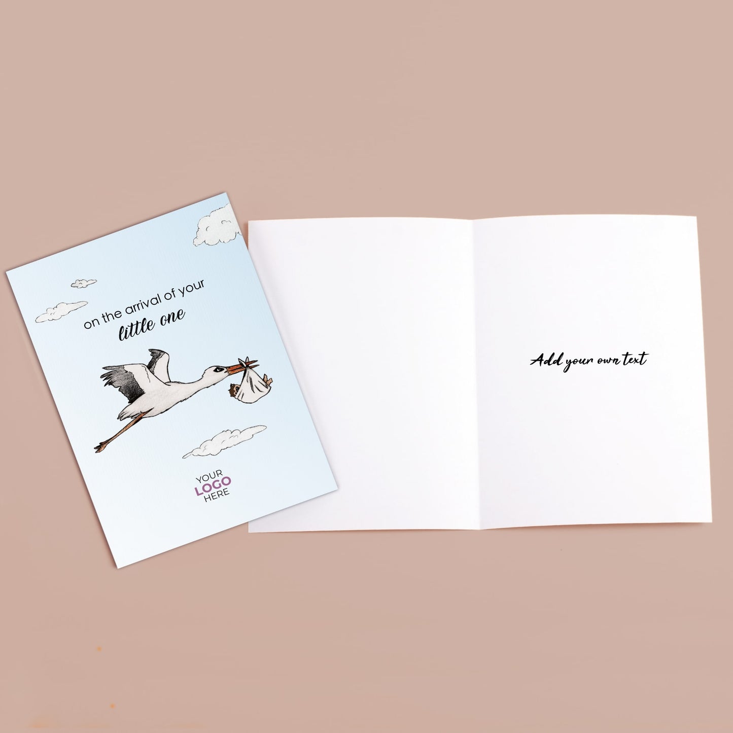 ‘Stork Holding Baby’ Personalised Corporate Branded New Baby Greeting Cards image 2