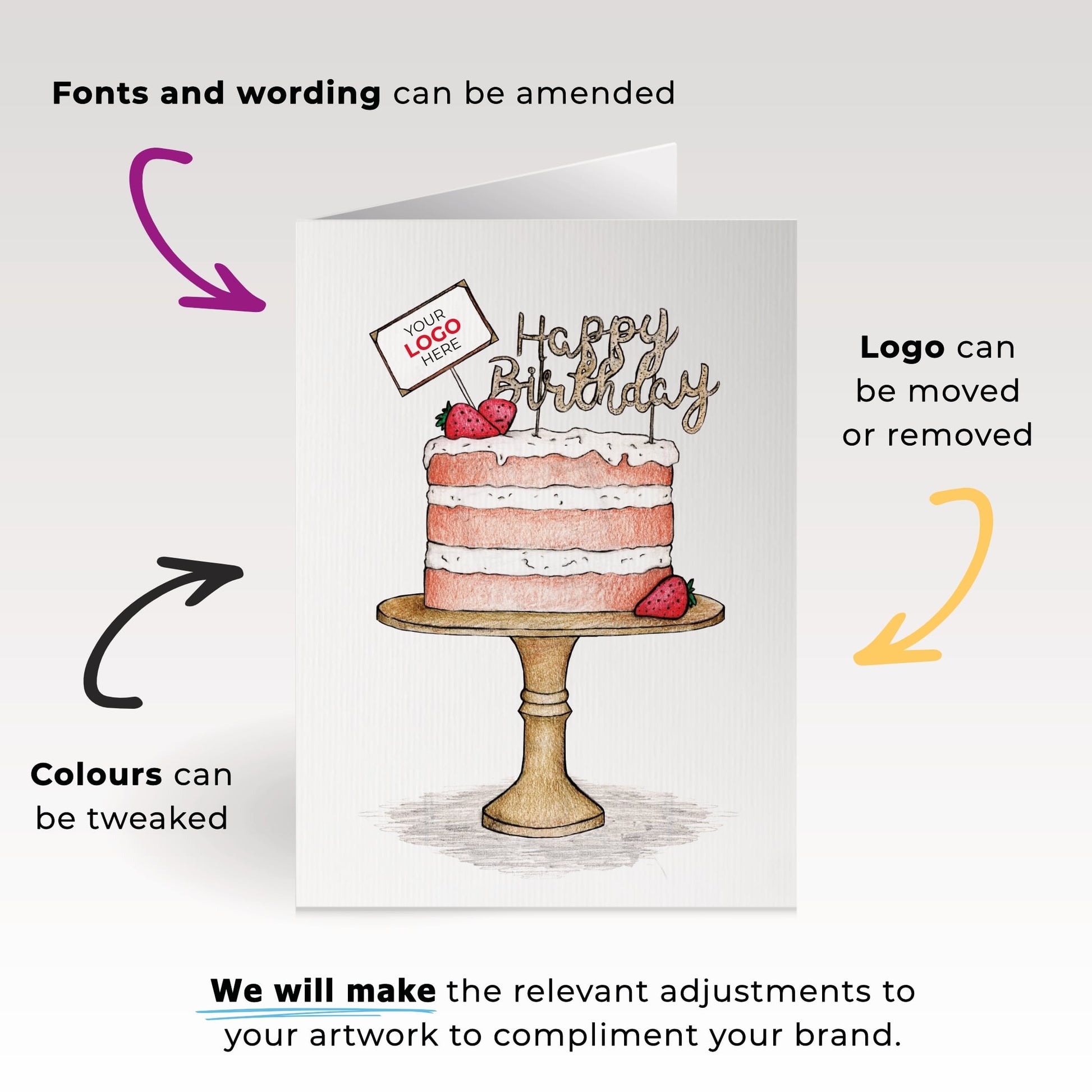 ‘Strawberry Cake’ Personalised Corporate Branded Birthday Greeting Cards image 1