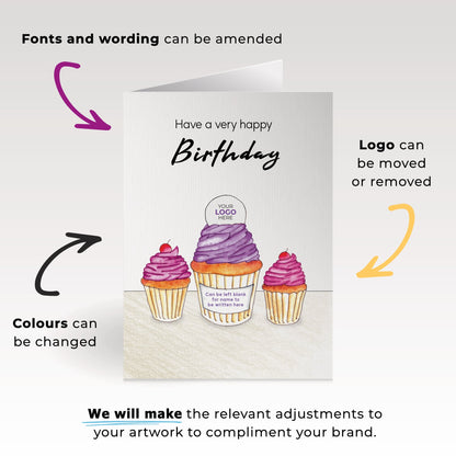 ‘Three Cupcakes’ Personalised Corporate Branded Birthday Greeting Cards image 1