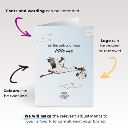 ‘Stork Holding Baby’ Personalised Corporate Branded Health Care Greeting Cards image 1