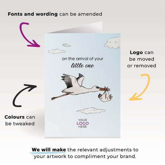 ‘Stork Holding Baby’ Personalised Corporate Branded Health Care Greeting Cards image 1