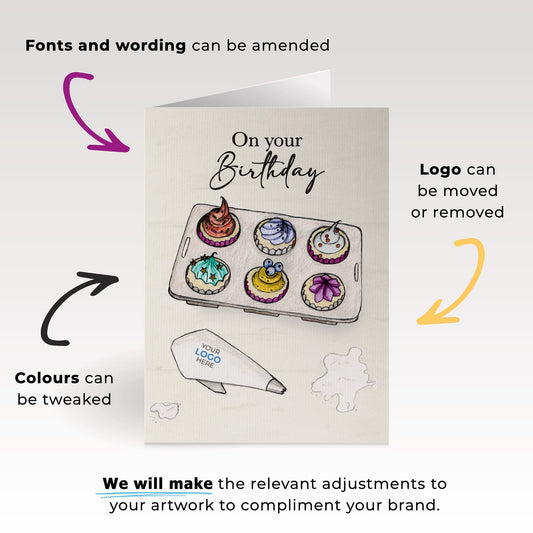 ‘Cupcakes in a Tray’ Personalised Corporate Branded Birthday Greeting Cards image 1