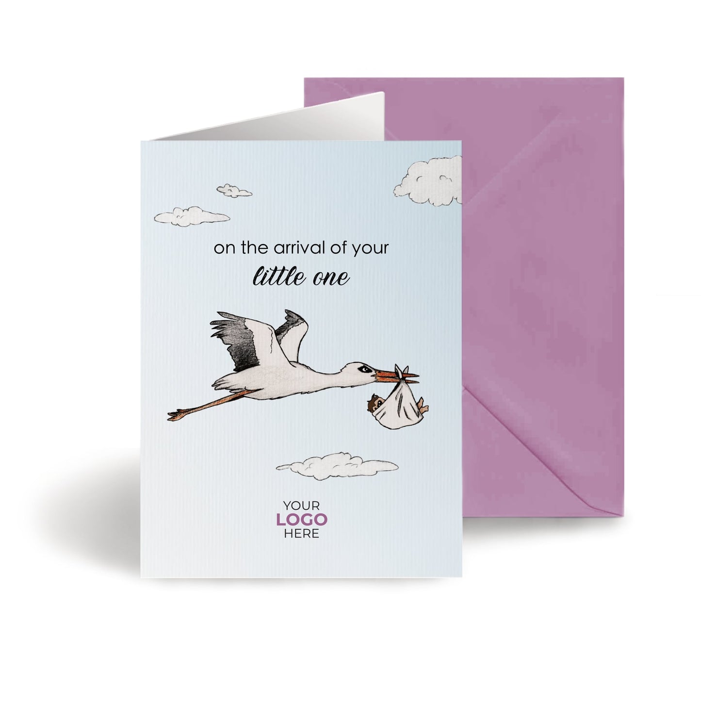 ‘Stork Holding Baby’ Personalised Corporate Branded Health Care Greeting Cards image 0