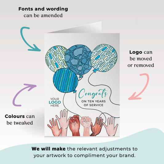 ‘Balloons & Hands’ Personalised Corporate Branded Staff Appreciation Greeting Cards image 1