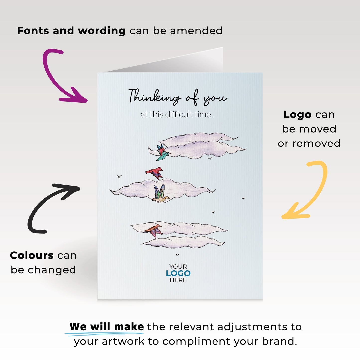 ‘Birds in Clouds’ Personalised Corporate Branded Sympathy Greeting Cards image 1