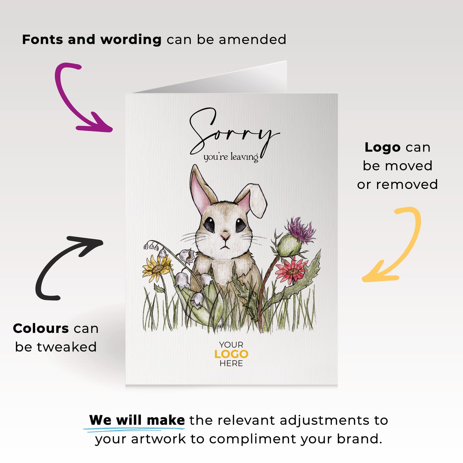 ‘Bunny Through Flowers’ Personalised Corporate Branded Leaving Greeting Cards image 1