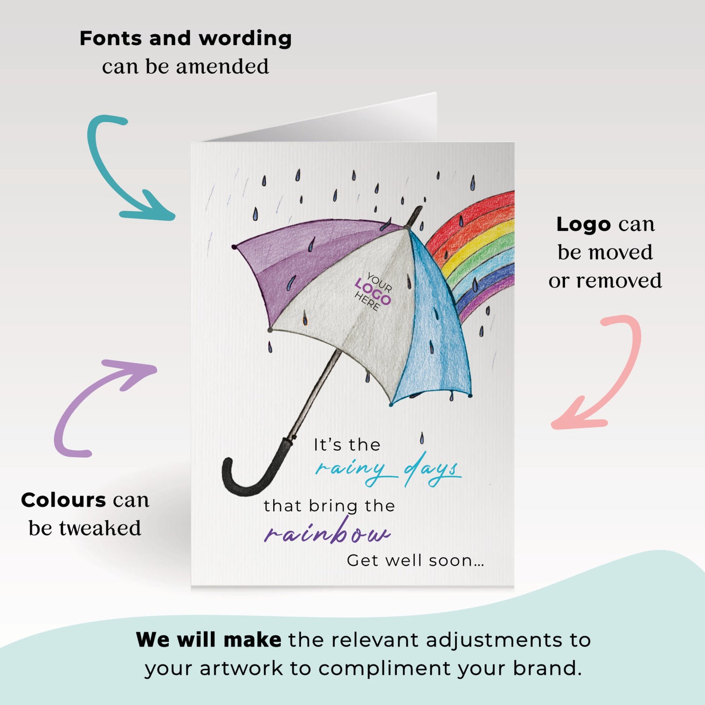 ‘Umbrella & Rainbow’ Personalised Corporate Branded Healthcare Greeting Cards image 1
