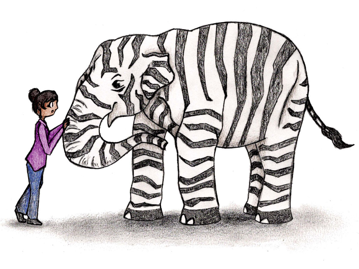 Illustration of a person interacting with a zebra-like creature on a white background